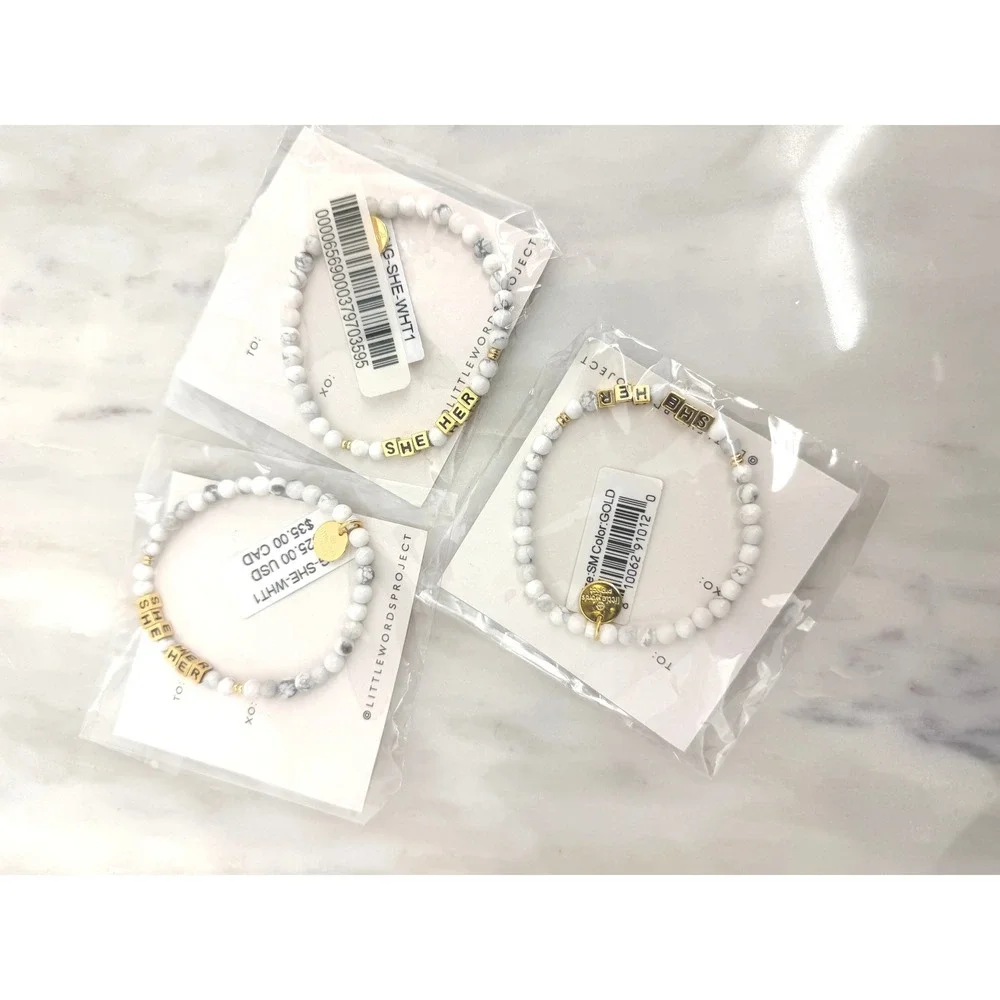 3 Little Words Project She Her Pronoun Bracelet White Howlite Gold